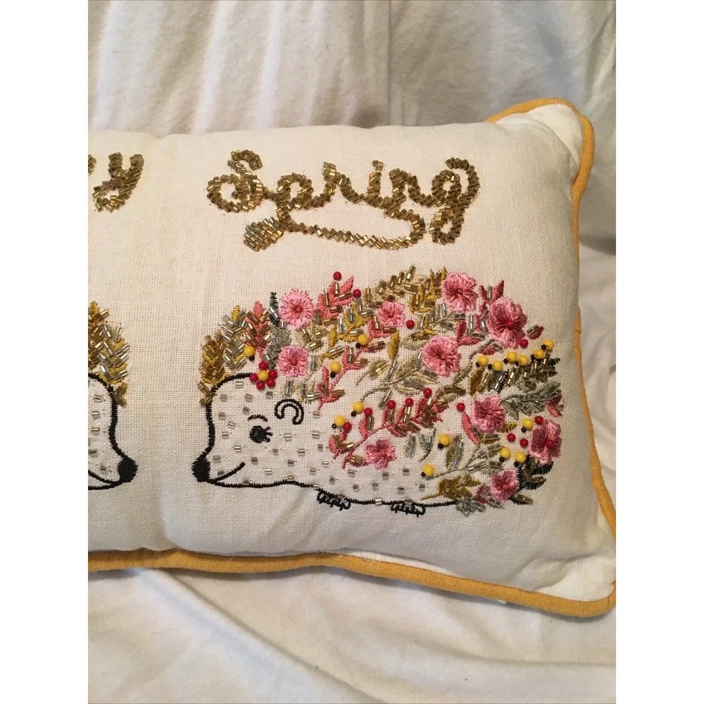 Happy Spring Beaded Floral Pillow Throw Decorative Garden Hedge Hogs